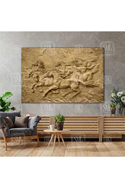 SML TABLO Koşan At Sürüsü Sepya Dekoratif Hayvan Kanva Tablo Yatay Kanvas Tablo