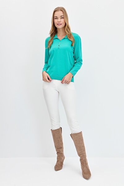 Desen Triko Women's Polo Neck Angelina Basic Blouse S.Green