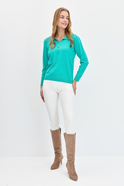 Desen Triko Women's Polo Neck Angelina Basic Blouse S.Green