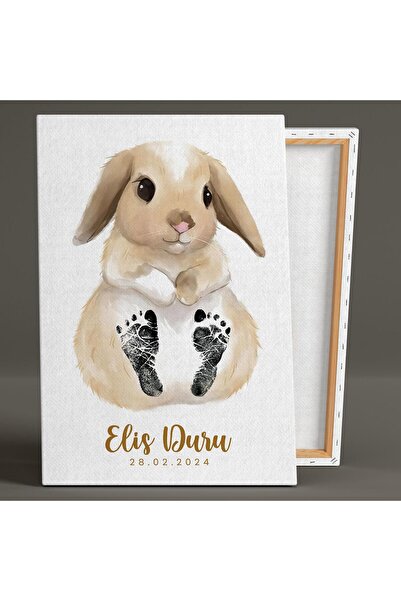 SML TABLO Şirin Tavşan Bebek Ayak İzi Seti İsimli ve Tarihli Yeni Doğan Hatırası Bebek Odası Dikey Kanvas Tabl