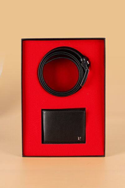 Pierre Cardin -Set 3- % 100 Hakiki Deri Özel Hediye Kutulu Damat Kemer Cüzdan Çeyiz Seti SİYAH