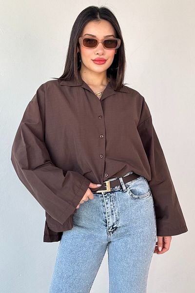 Cappmoda GML-10260 Πουκάμισο με φαρδύ μανίκι με πέτο καφέ