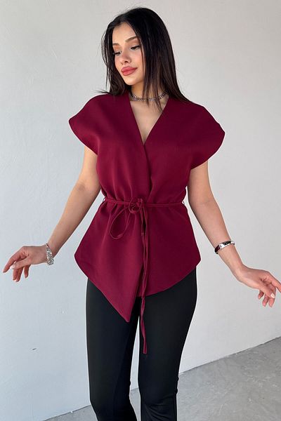 Cappmoda Ckt-12448 Burgundy Lined Vest with Lacing Detail