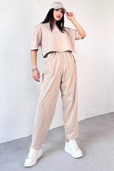 Cappmoda TKM-0057 Μπεζ Crop T-Shirt Φαρδύ παντελόνι Σετ δύο τεμαχίων