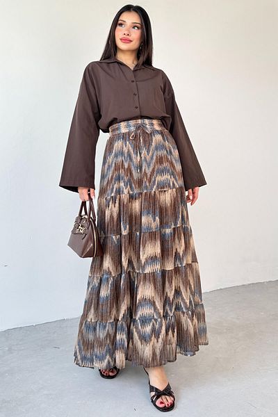 Cappmoda Etk-3279 Καφέ φούστα με εμπριμέ μοτίβο με επένδυση