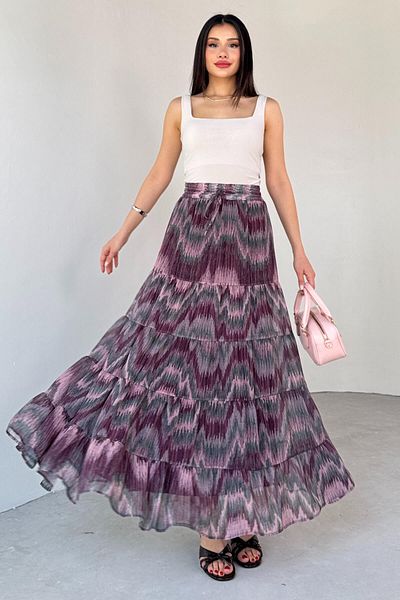 Cappmoda Etk-3279 Powder Printed Patterned Lined Layered Skirt