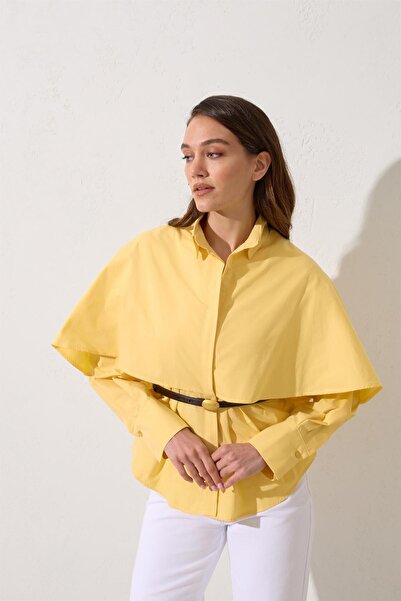 Setre Tereyağ Sarısı %100 Pamuklu Kemer Detaylı Gömlek