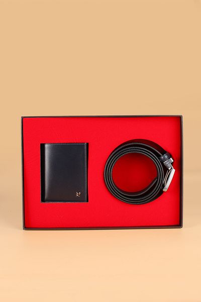Pierre Cardin -Set 2- 100% Genuine Leather Special Gift Boxed Groom Belt Wallet Dowry Set Dark Blue