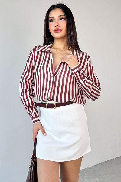 Cappmoda GML-4966 Cămașă cu nasturi aurii cu dungi burgundy