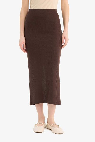 DeFacto New Season High Waist Ribbed Camisole Basic Plain Maxi Brown Skirt