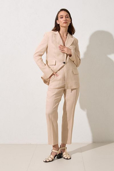 Setre Beige 100% Linen Asymmetrical Closure Jacket with Pocket Detail