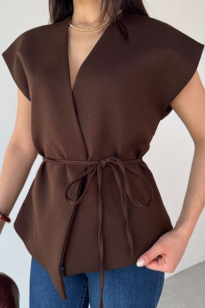 Cappmoda Ckt-12448 Brown Lined Vest with Binding Detail