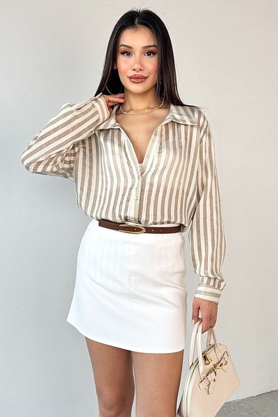 Cappmoda GML-4966 Χακί ριγέ πουκάμισο με χρυσό κουμπί με λεπτομέρειες