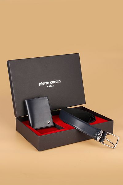 Pierre Cardin -Set 2- 100% Genuine Leather Special Gift Boxed Groom Belt Wallet Dowry Set Dark Blue