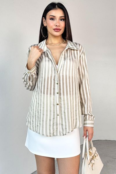 Cappmoda GML-4966 Χακί ριγέ πουκάμισο με χρυσό κουμπί με λεπτομέρειες
