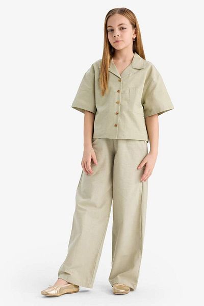 DeFacto New Season Girls' Cropped Fit Linen Short Sleeve Shirt