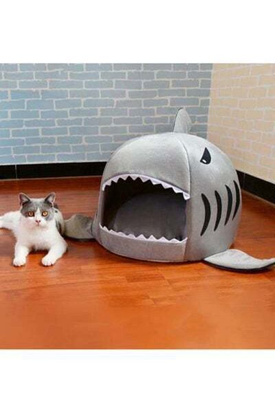 HALAMODO Shark Mouth Shaped Waterproof Warm Plush Pet House Grey Myard