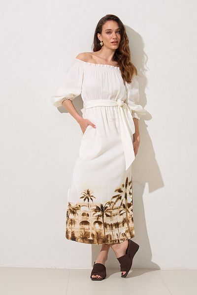 Setre Ecru Shoulder and Ankle Detailed Belted Relaxed Cut Full Mold Midi Length Dress