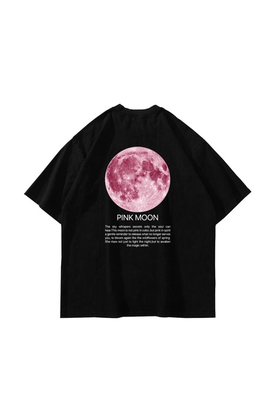 Bak Moda Tricou negru unisex oversize cu imprimeu Pink Moon