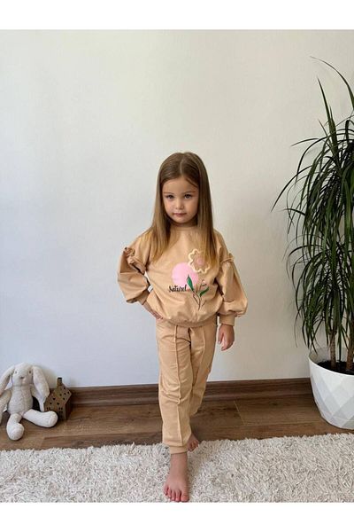 Minigimin Cicileri Комплект от 2 части с балон ръкав с естествени цветя My Little One's Cicileri за момиче - цвят камила