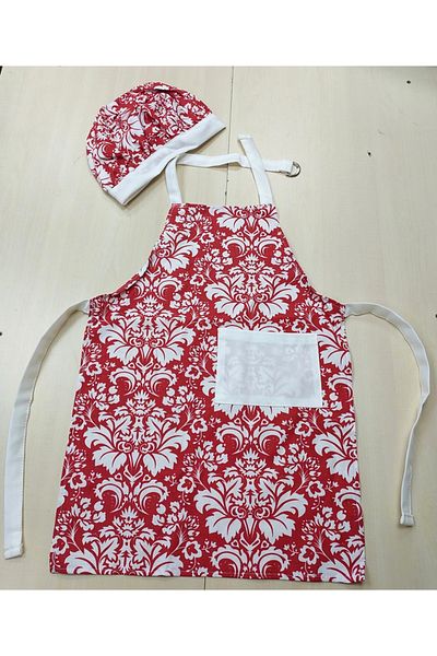 Mandaş Children's Kitchen Apron with Hat Red White, Activity Apron, Cook Apron-v3 Red White