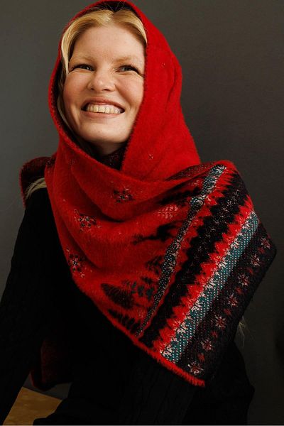 Desen Triko Women's New Year's Patterned Knitwear Kaşkol Red
