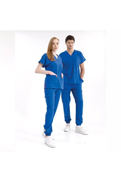 ÇİZGİ MEDİKAL SAKS MAVİ Jogger Scrubs Lüks Likralı Greys Takım