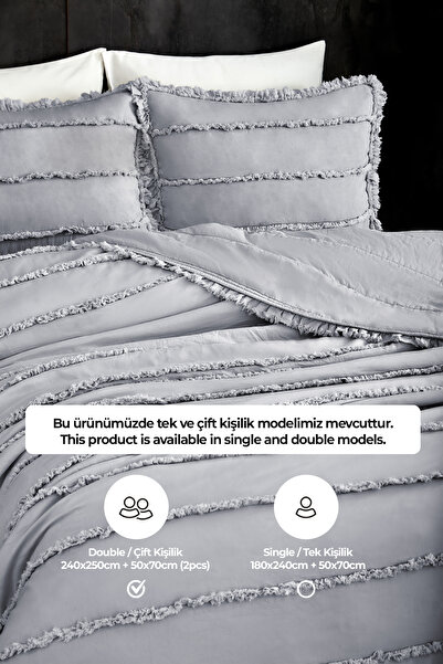 Evlen Home Collection Grey Cotton Echos Bedspread Set - Double (Sided) with 3 Pieces Filling