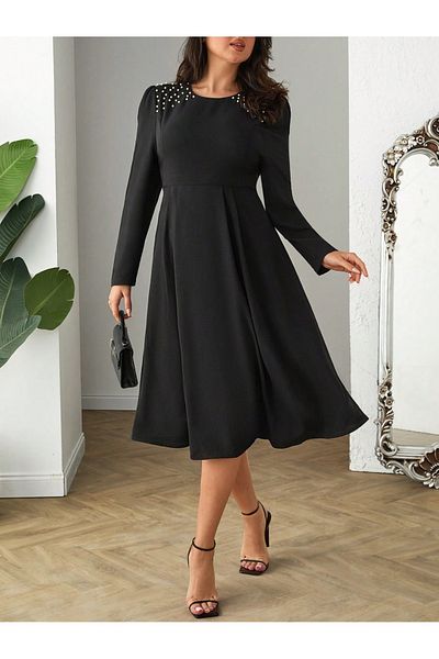 BLUSS Rochie neagră cu mânecă lungă, cu mânecă lungă, din țesătură Ayrobin