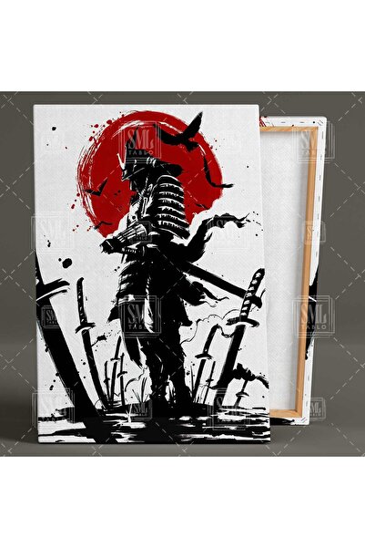 SML TABLO Kırmızı Ay ve Kılıç Samuray Kılıcı Japanese Samurai Uzak Doğu Savunma Sanatları Dikey Kanvas Tablo
