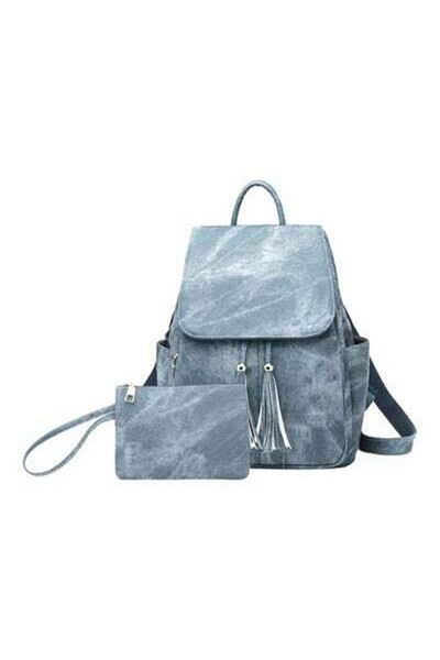 HALAMODO Polyurethane Backpack With Tassel Purse Blue/White