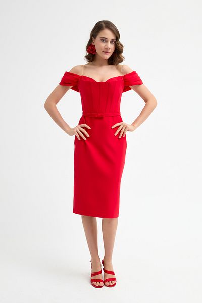 Lafaba Women's Red Corset Detailed Midi Pencil Evening Dress