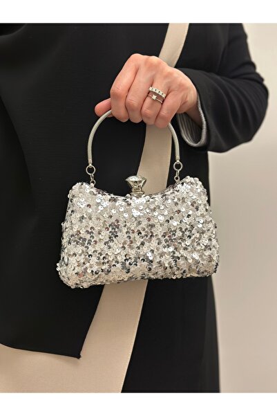 mossi Silver Sequin Sequined Clutch Evening Dress Bag with Armrest Strap and Chain Strap