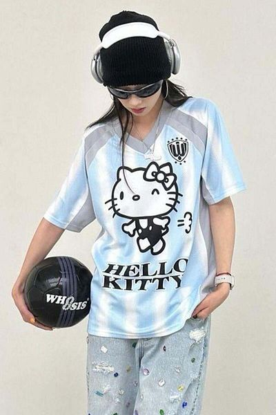 Köstebek Μπλουζάκι Unisex με μπλε ριγέ V-λαιμόκοψη Hello Whoosis Kitty