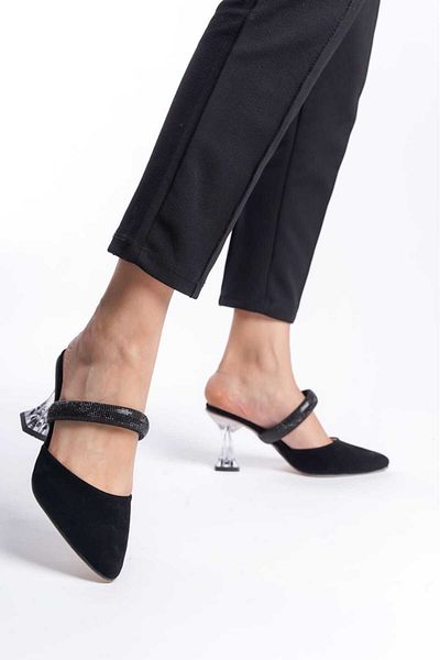 Weynes Rochie de seară cu toc transparent, neagră, 7 cm, pentru femei, pantofi și papuci cu toc WSB0670