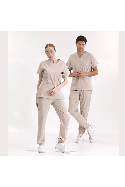 ÇİZGİ MEDİKAL KREM Jogger Scrubs Lüks Likralı Greys Takım