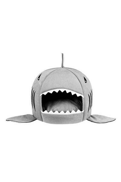 HALAMODO Shark Mouth Shaped Waterproof Warm Plush Pet House Grey Myard