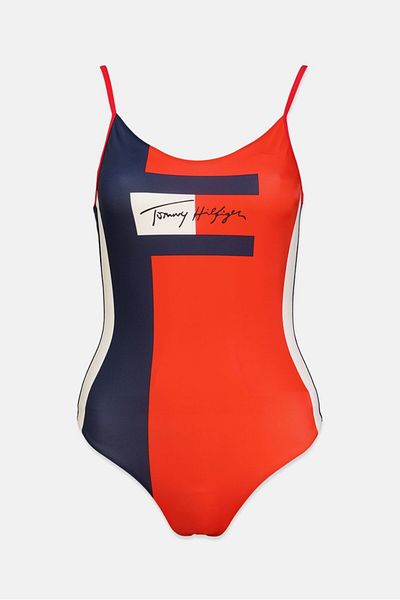 Tommy Hilfiger Women Graphic Print Sleeveless One Piece Swimsuit, Navy And Red And White