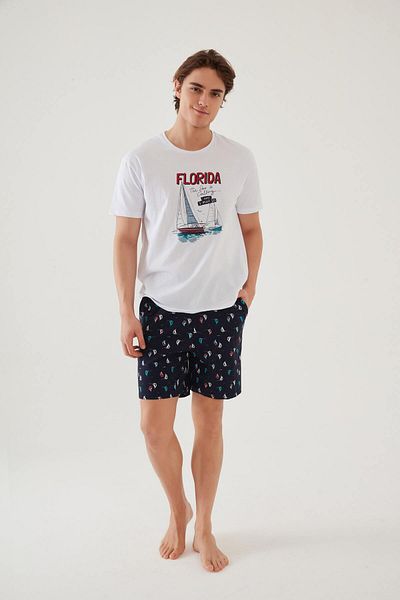 koza iç giyim Men's Cotton Short Sleeve Marine Printed Pocket Shorts Suit