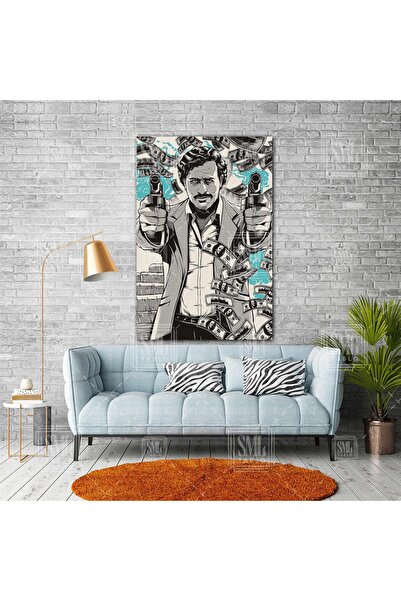 SML TABLO Pablo Escobar Art Baron Kartel Mafya Dolar Silah Dekor Dikey Kanvas...