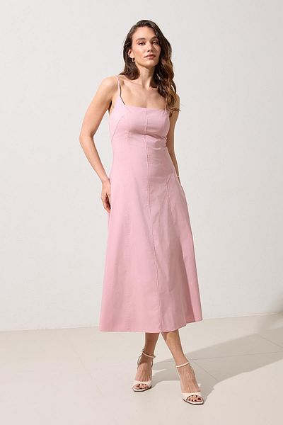 Setre Pink Square Neck Thin Strap Dress with Stitching Detail
