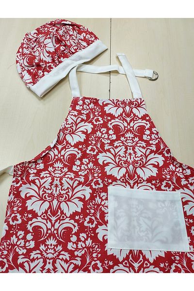 Mandaş Children's Kitchen Apron with Hat Red White, Activity Apron, Cook Apron-v3 Red White