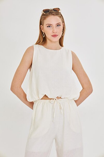 TIFFANY&TOMATO Sıfır Kol Eteği Balon Keten Görünümlü Bluz