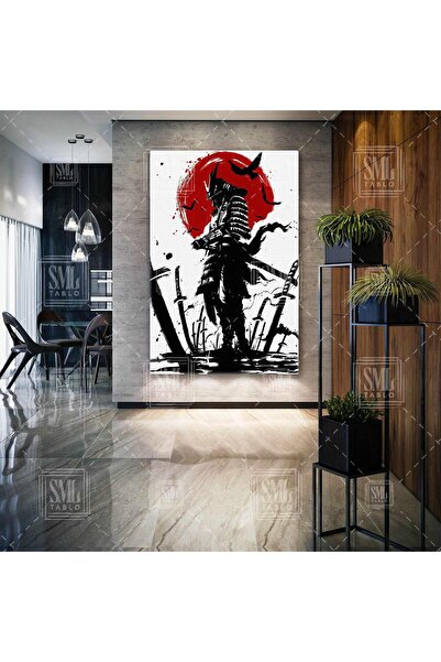 SML TABLO Kırmızı Ay ve Kılıç Samuray Kılıcı Japanese Samurai Uzak Doğu Savunma Sanatları Dikey Kanvas Tablo