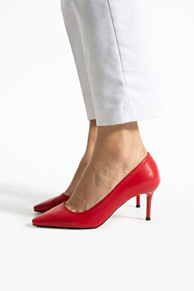 Güllü Shoes Şık Mat Kırmızı Vegan Deri Stiletto | 7 cm İnce Topuklu Günlük Rahat Ofis Ayakkabısı Neolit Taban