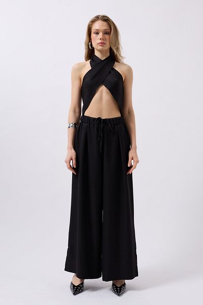 Black Fashion Low Waist Oversize Linen Black Trousers
