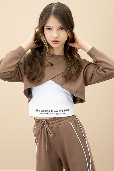 Cansın Mini Brown Stripe Detailed Wide Leg Cropped Girl's 3 Piece Set 20702