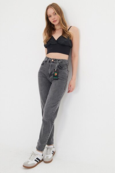 happinice Kadın Açık Gri Mom Jean Yüksek Bel