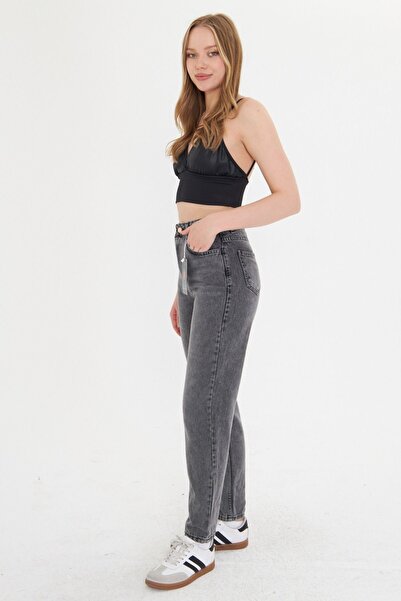 happinice Kadın Açık Gri Mom Jean Yüksek Bel