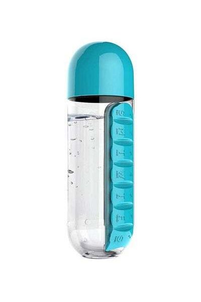 HALAMODO Plastic Water Bottle With Daily Pill Box Organizer Blue/Clear 23.5x6.9cm